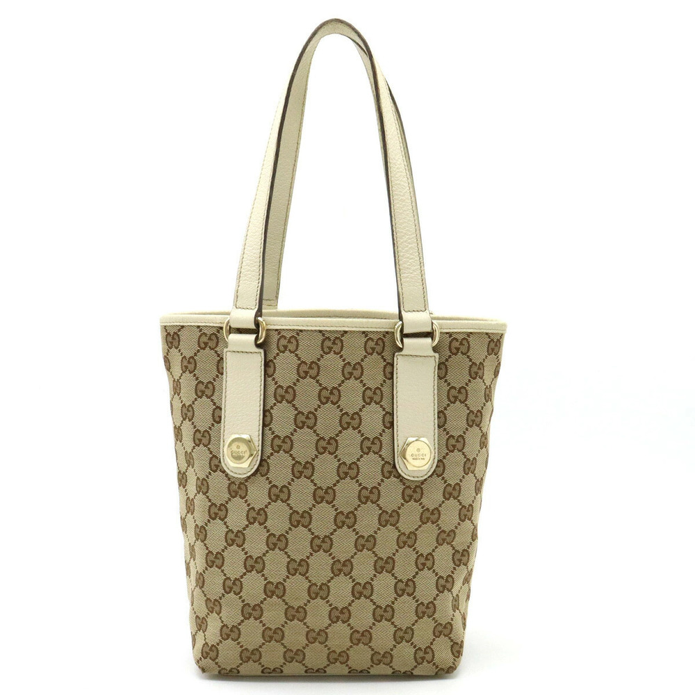 Gucci GG Canvas Tote Bag Shoulder Hobo Leather Beige Brown Cream Ivory White
